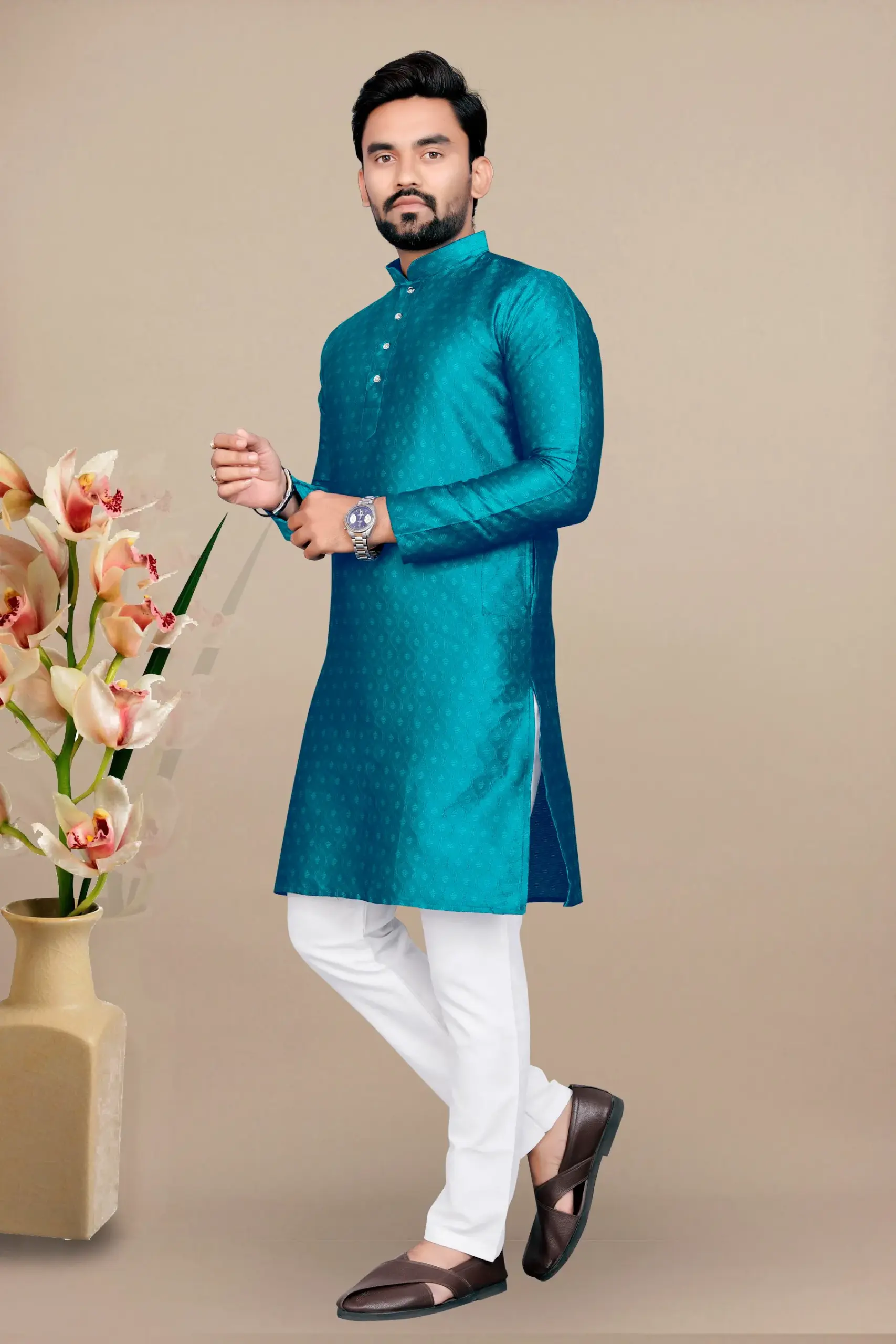 Teal Blue Jacquard Kurta With Contrast Pyjama - Image 3