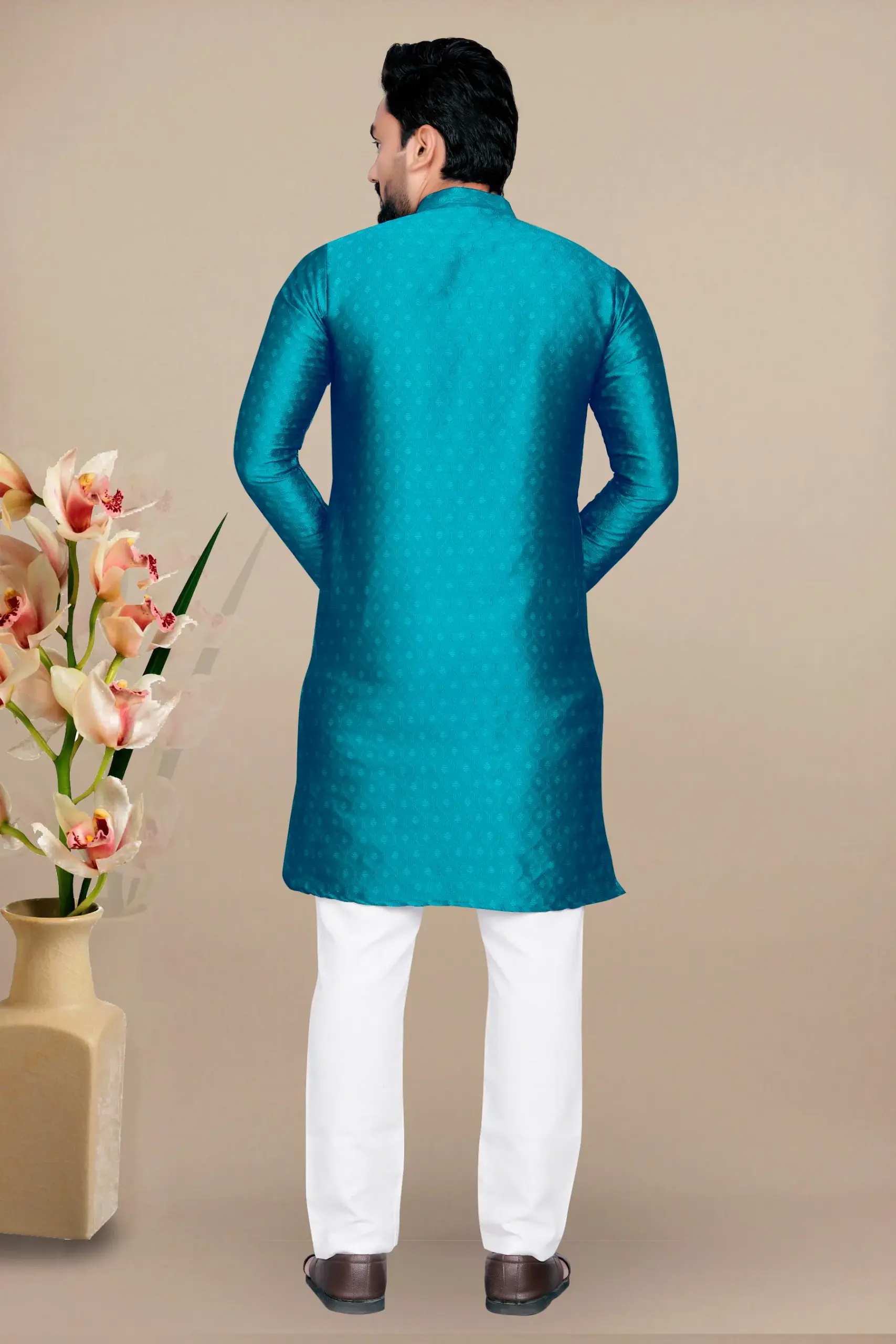 Teal Blue Jacquard Kurta With Contrast Pyjama - Image 2