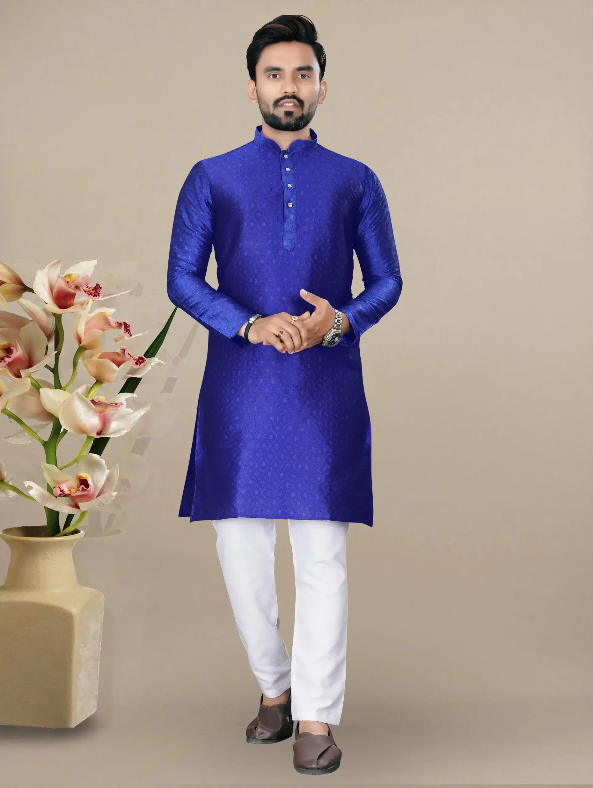 Royal Blue Jacquard Kurta With Contrast Pyjama