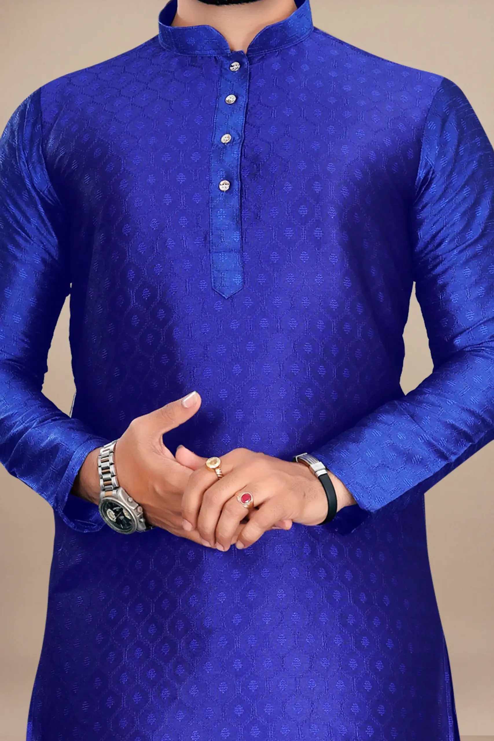 Royal Blue Jacquard Kurta With Contrast Pyjama - Image 4