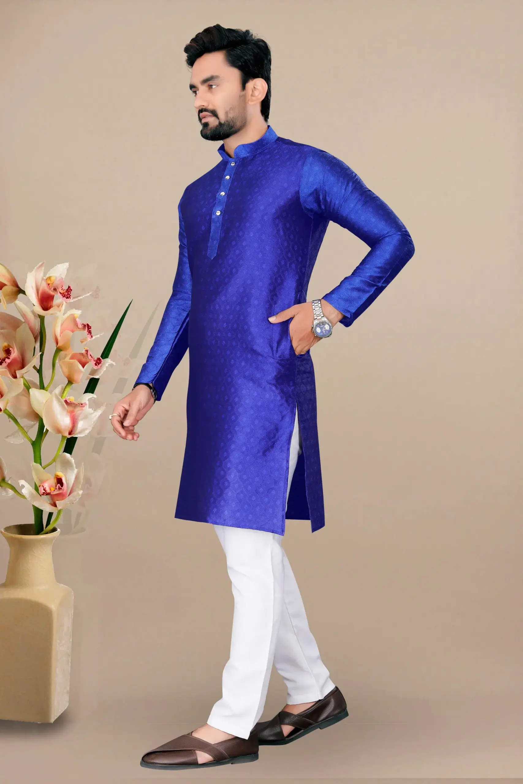Royal Blue Jacquard Kurta With Contrast Pyjama - Image 3