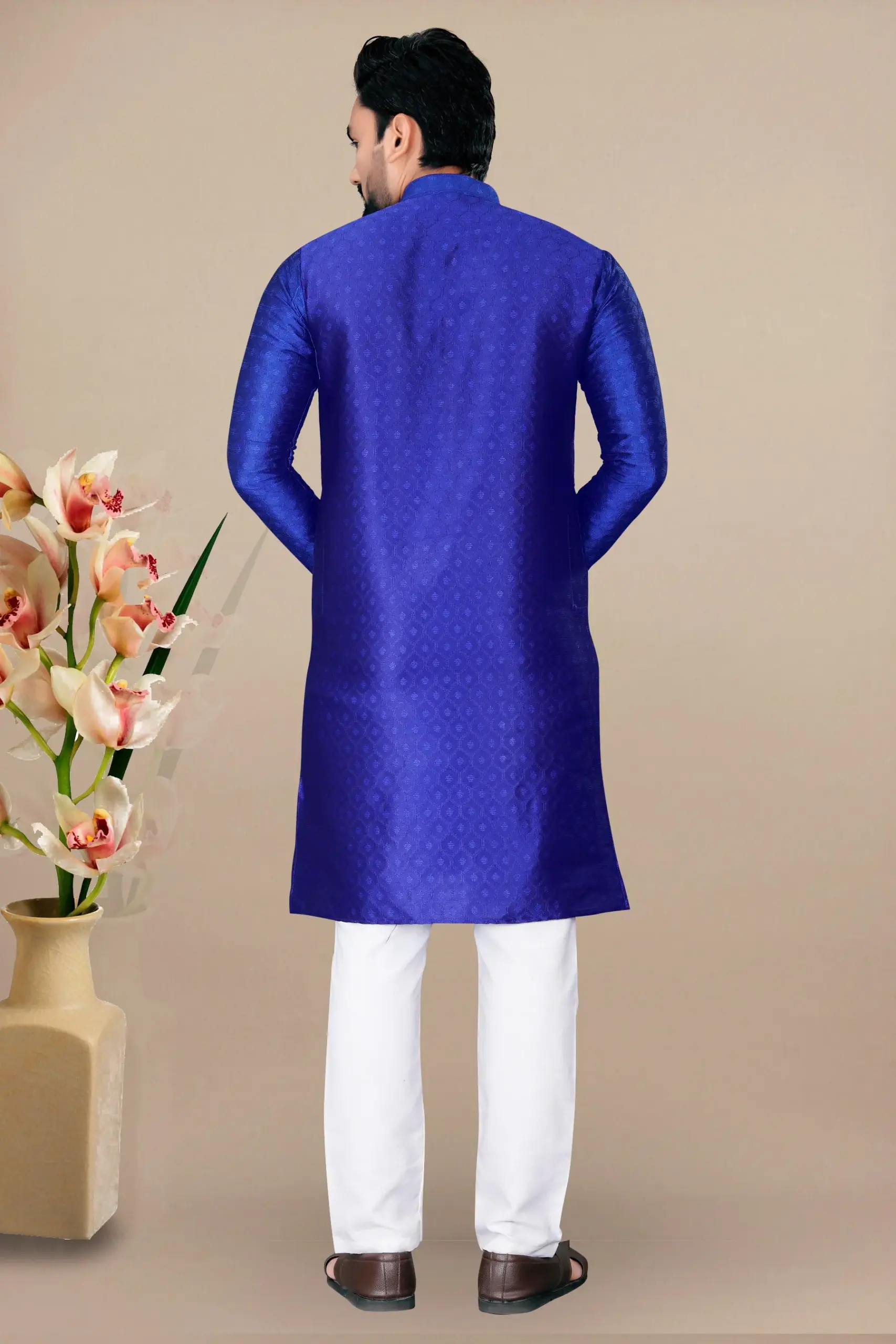 Royal Blue Jacquard Kurta With Contrast Pyjama - Image 2