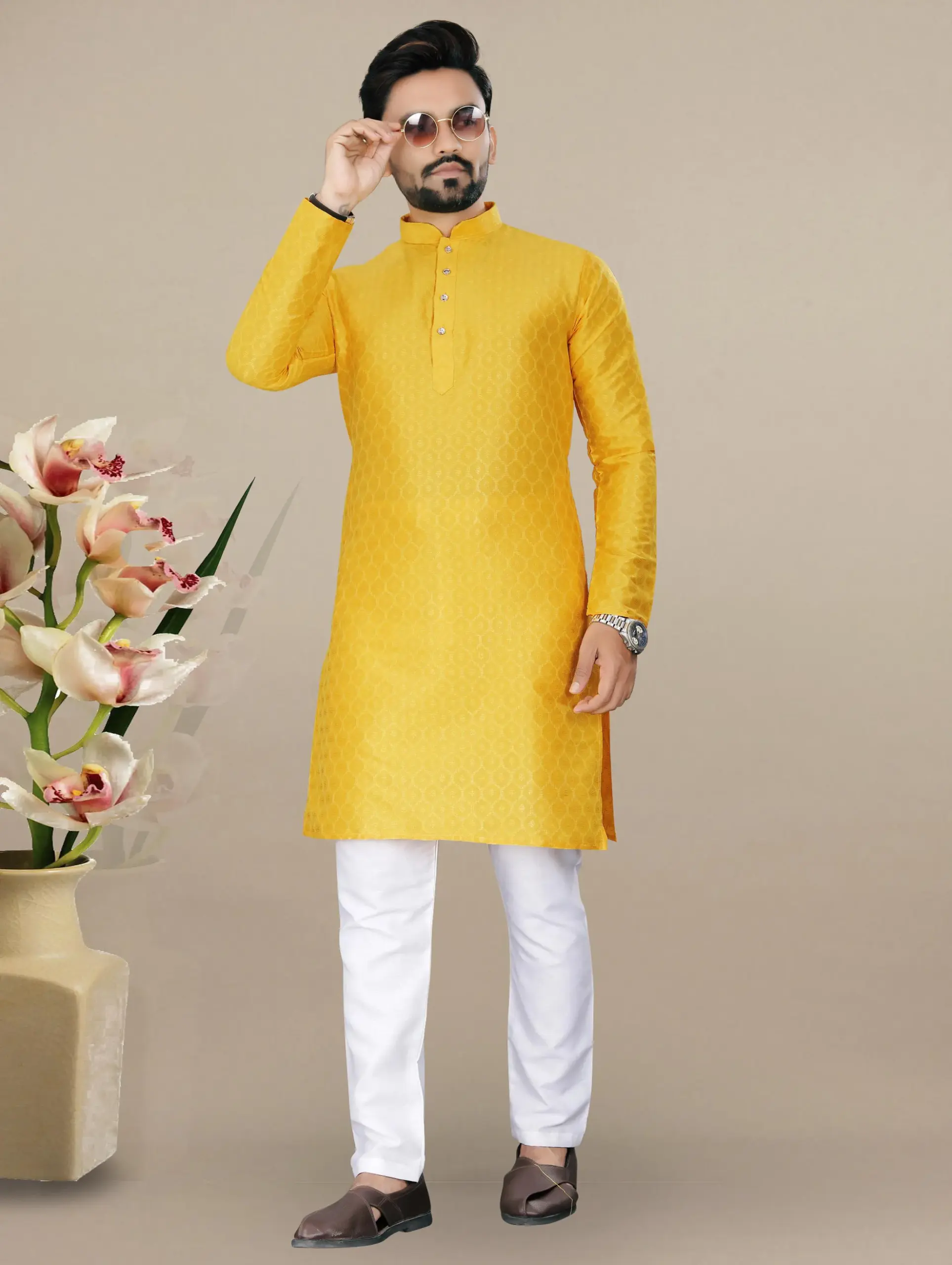 Yellow Jacquard Kurta With Contrast Pyjama