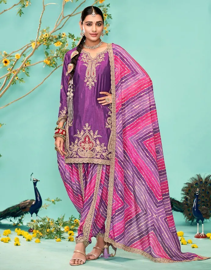 Purple Heavy Premium Chinon Embroidered Readymade Suit