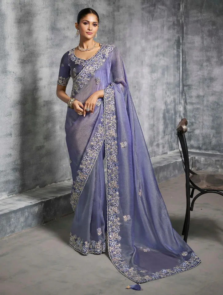 Purple Premium Tissue Zari Resham Embroidered Designer Saree