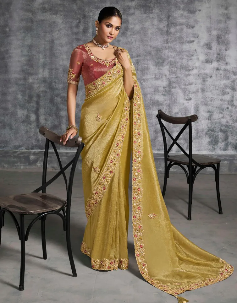 Mustard Premium Tissue Zari Resham Embroidered Designer Saree