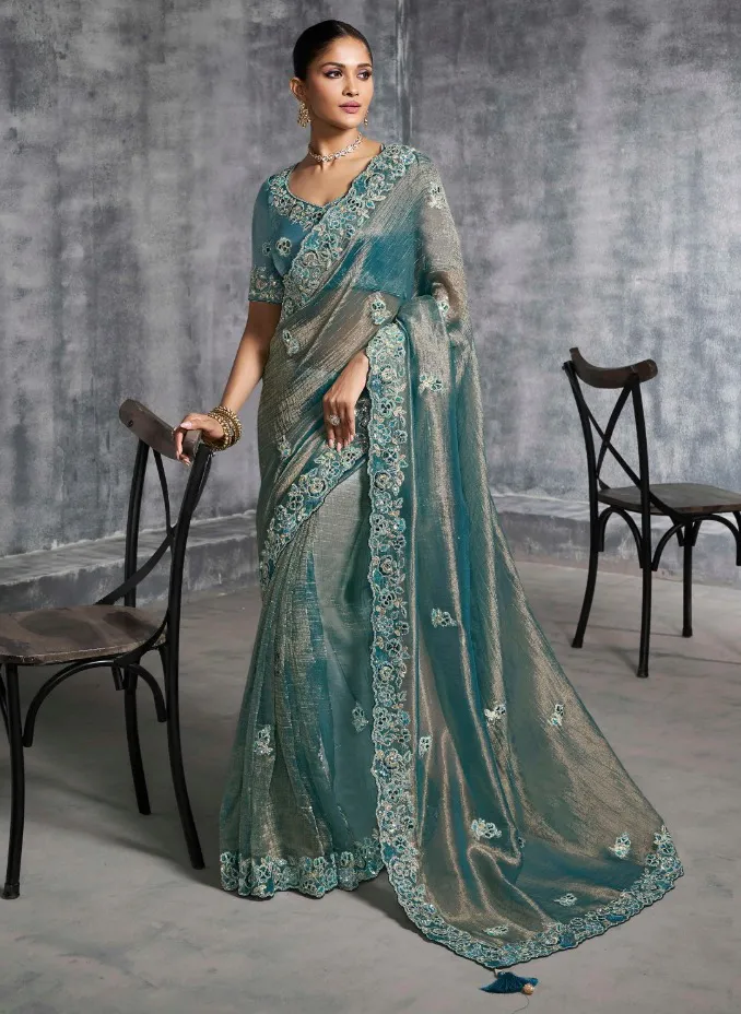 Teal Blue Premium Tissue Zari Resham Embroidered Designer Saree