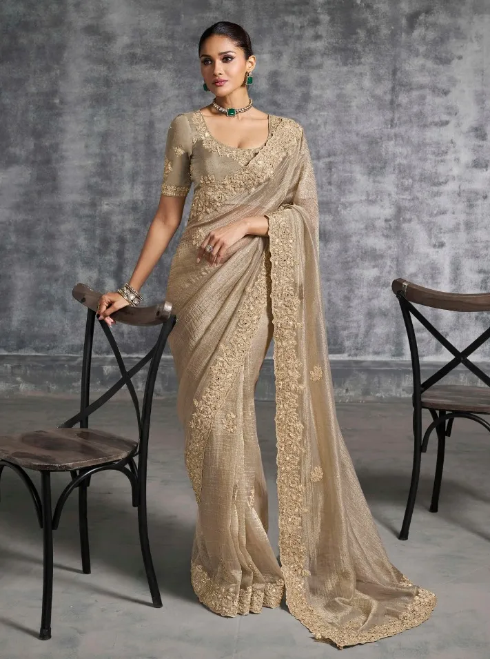 Beige Premium Tissue Zari Resham Embroidered Designer Saree