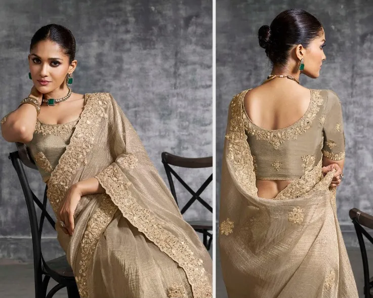 Beige Premium Tissue Zari Resham Embroidered Designer Saree - Image 2