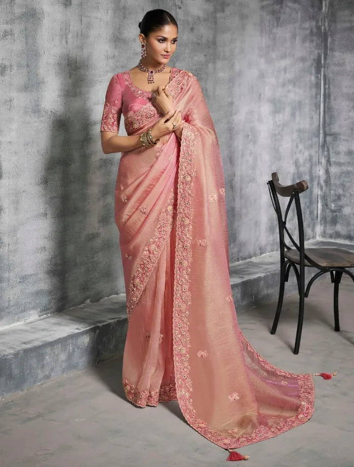 Peach Premium Tissue Zari Resham Embroidered Designer Saree