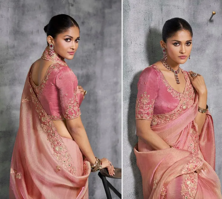 Peach Premium Tissue Zari Resham Embroidered Designer Saree - Image 2