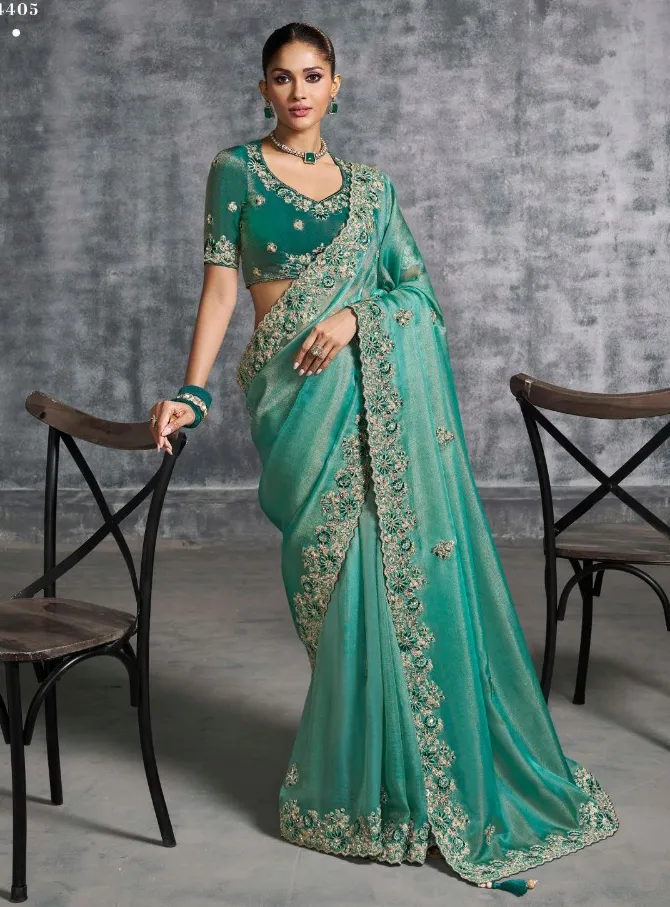 Emerald Green Premium Tissue Zari Resham Embroidered Designer Saree