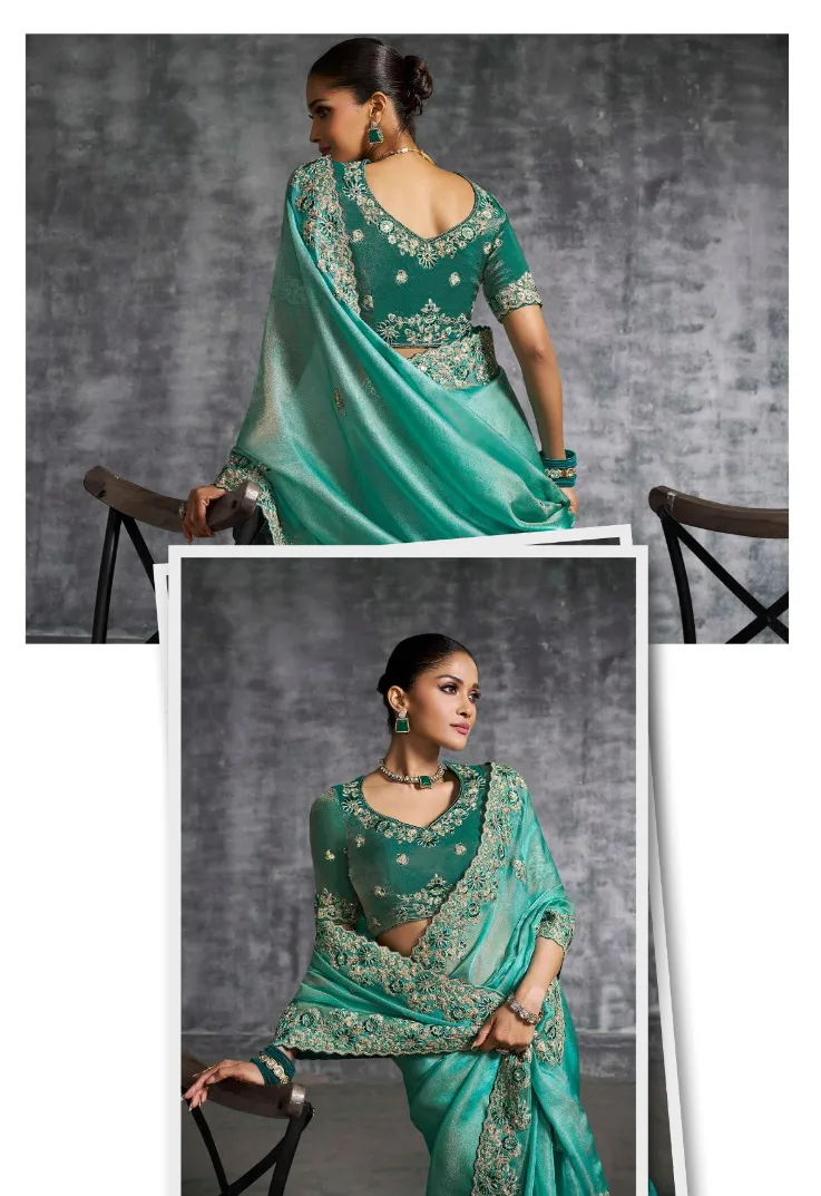 Emerald Green Premium Tissue Zari Resham Embroidered Designer Saree - Image 2