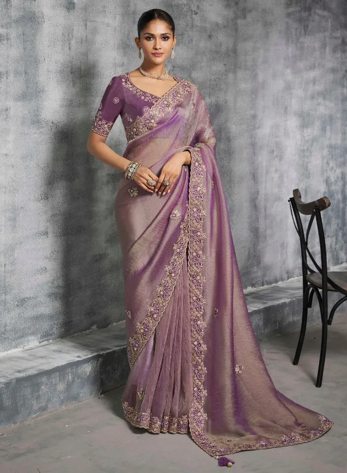 Mauve Premium Tissue Zari Resham Embroidered Designer Saree