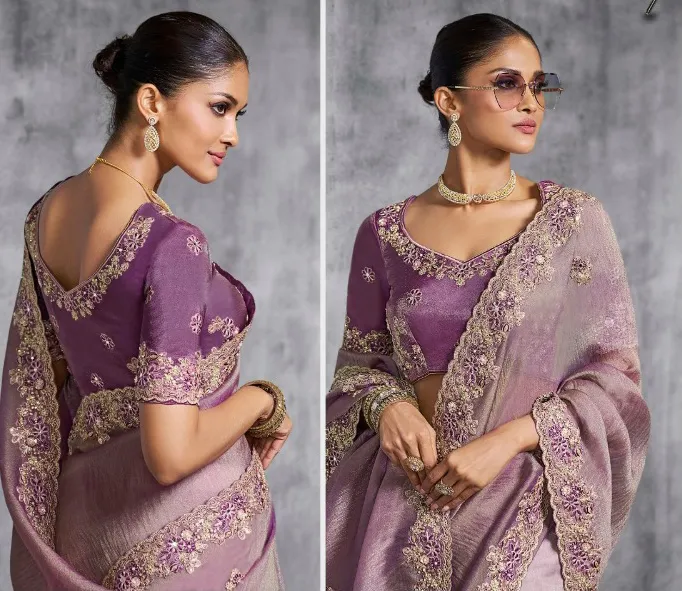 Mauve Premium Tissue Zari Resham Embroidered Designer Saree - Image 2