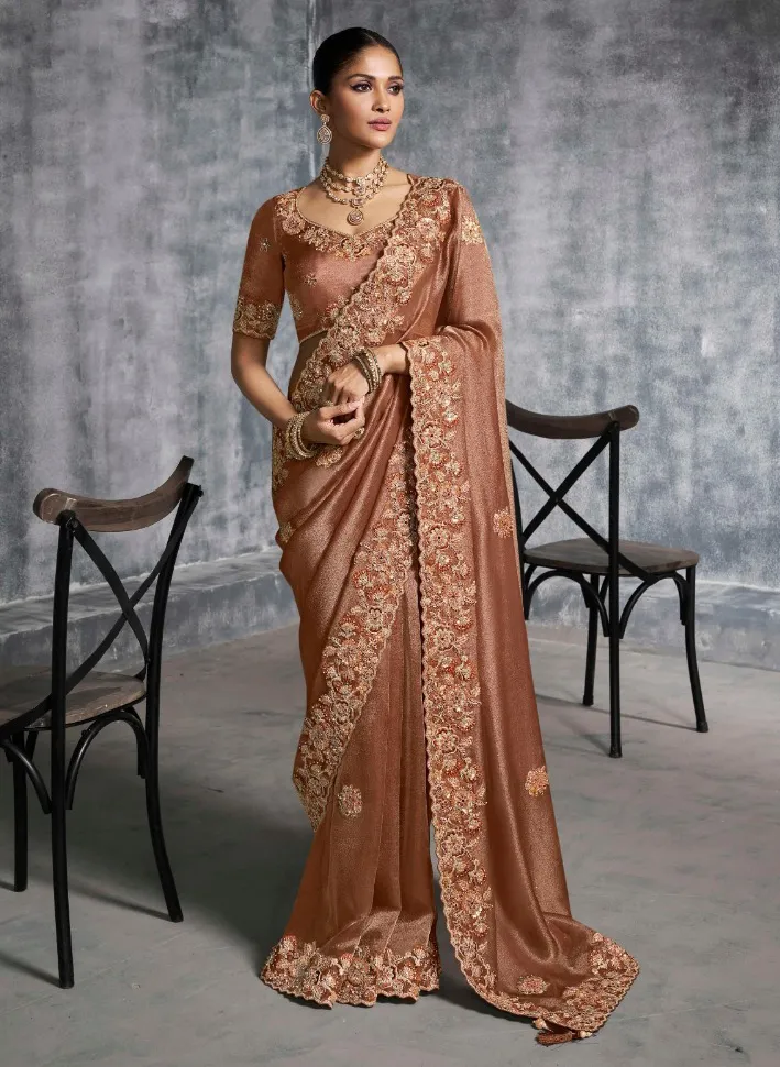 Brown Premium Tissue Zari Resham Embroidered Designer Saree