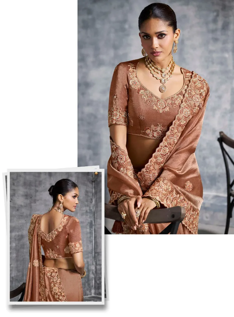 Brown Premium Tissue Zari Resham Embroidered Designer Saree - Image 2