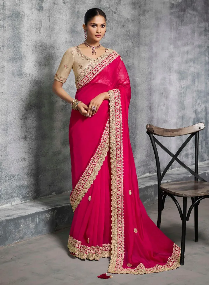 Red Rangoli Satin Lace Work Designer Saree
