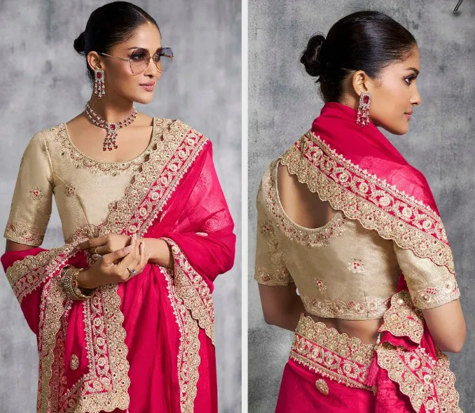 Red Rangoli Satin Lace Work Designer Saree - Image 2