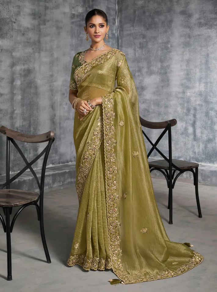 Olive Green Premium Tissue Zari Resham Embroidered Designer Saree