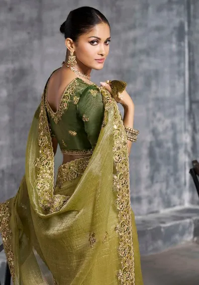 Olive Green Premium Tissue Zari Resham Embroidered Designer Saree - Image 2