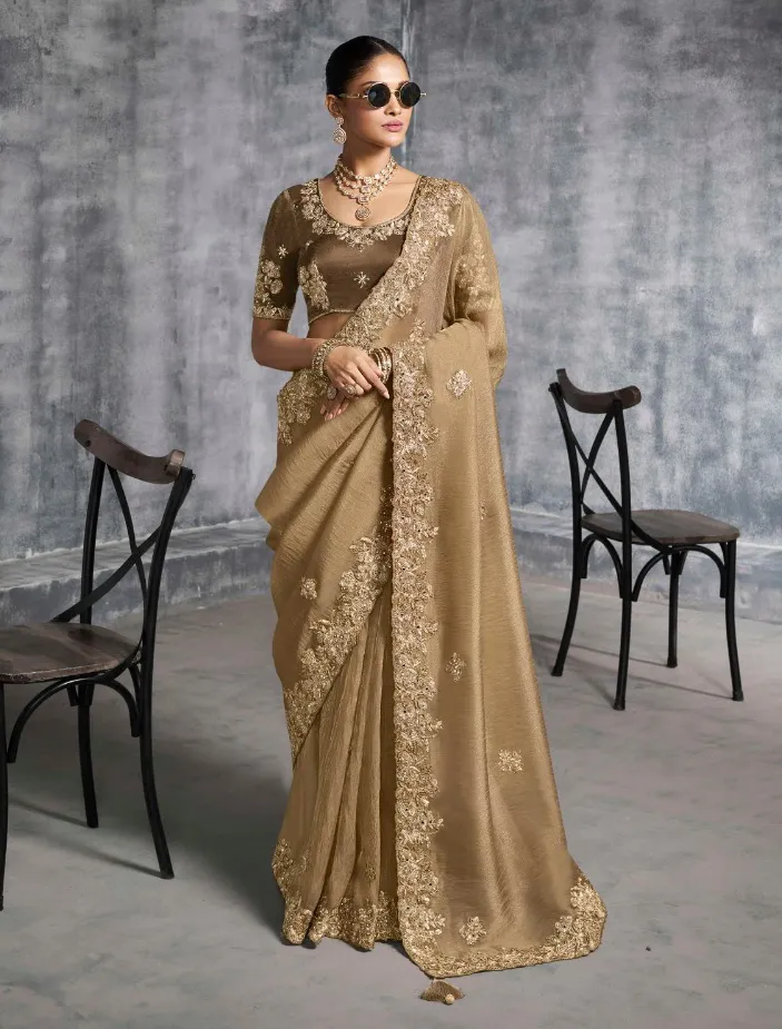 Golden Brown Premium Tissue Zari Resham Embroidered Designer Saree