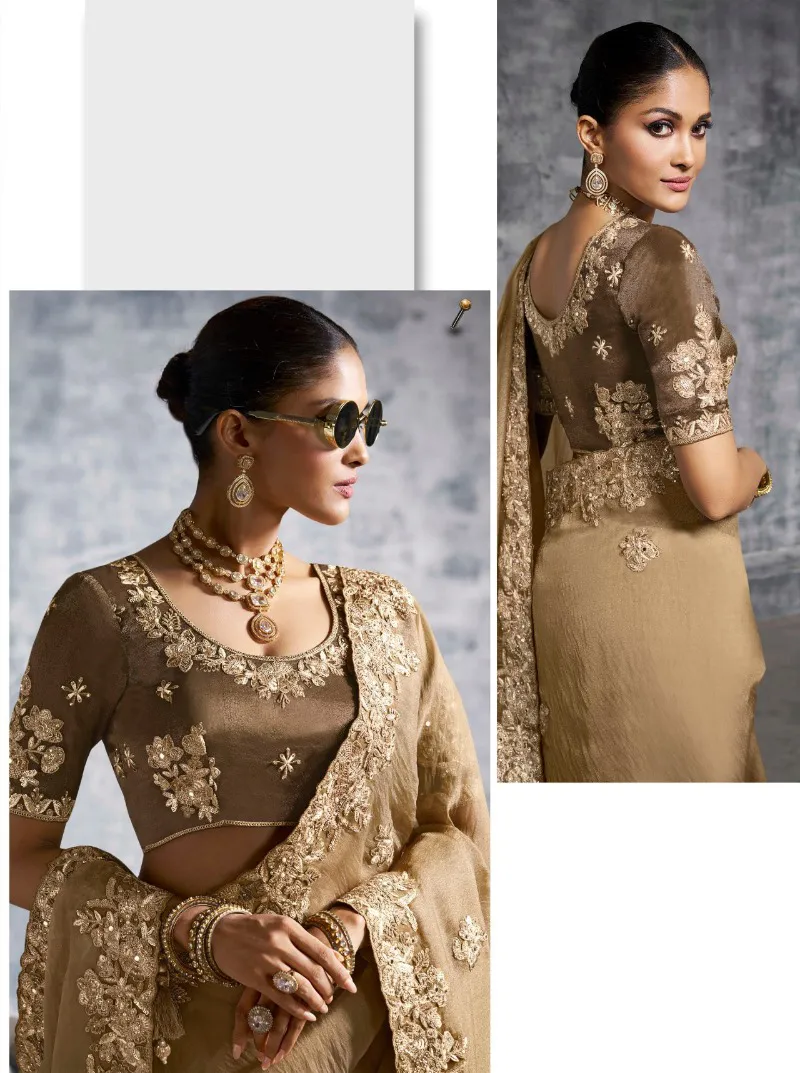 Golden Brown Premium Tissue Zari Resham Embroidered Designer Saree - Image 2