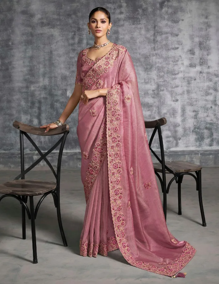 Rose Pink Premium Tissue Zari Resham Embroidered Designer Saree