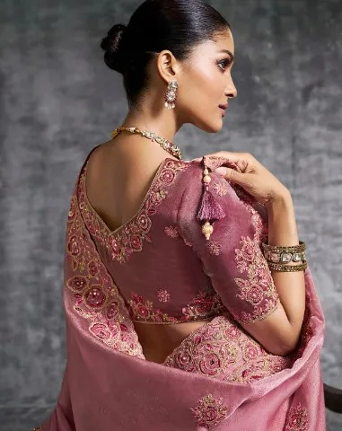 Rose Pink Premium Tissue Zari Resham Embroidered Designer Saree - Image 2
