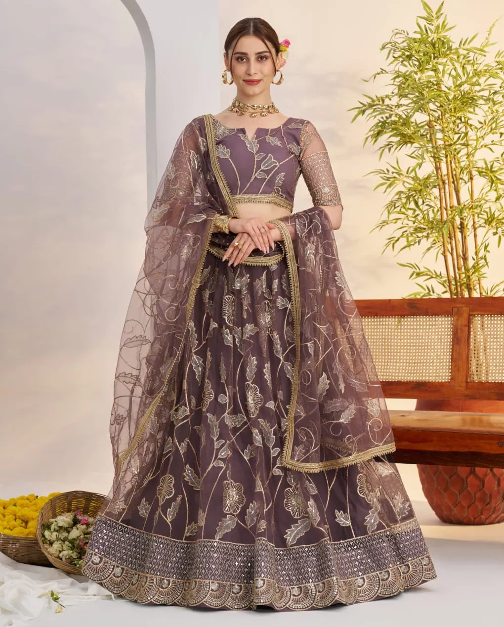 Brown-Purple Butterfly Net Sequins Work Lehenga Choli