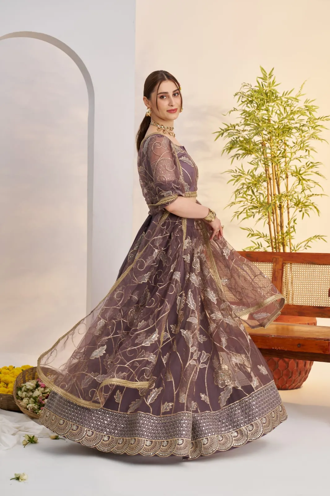 Brown-Purple Butterfly Net Sequins Work Lehenga Choli - Image 2