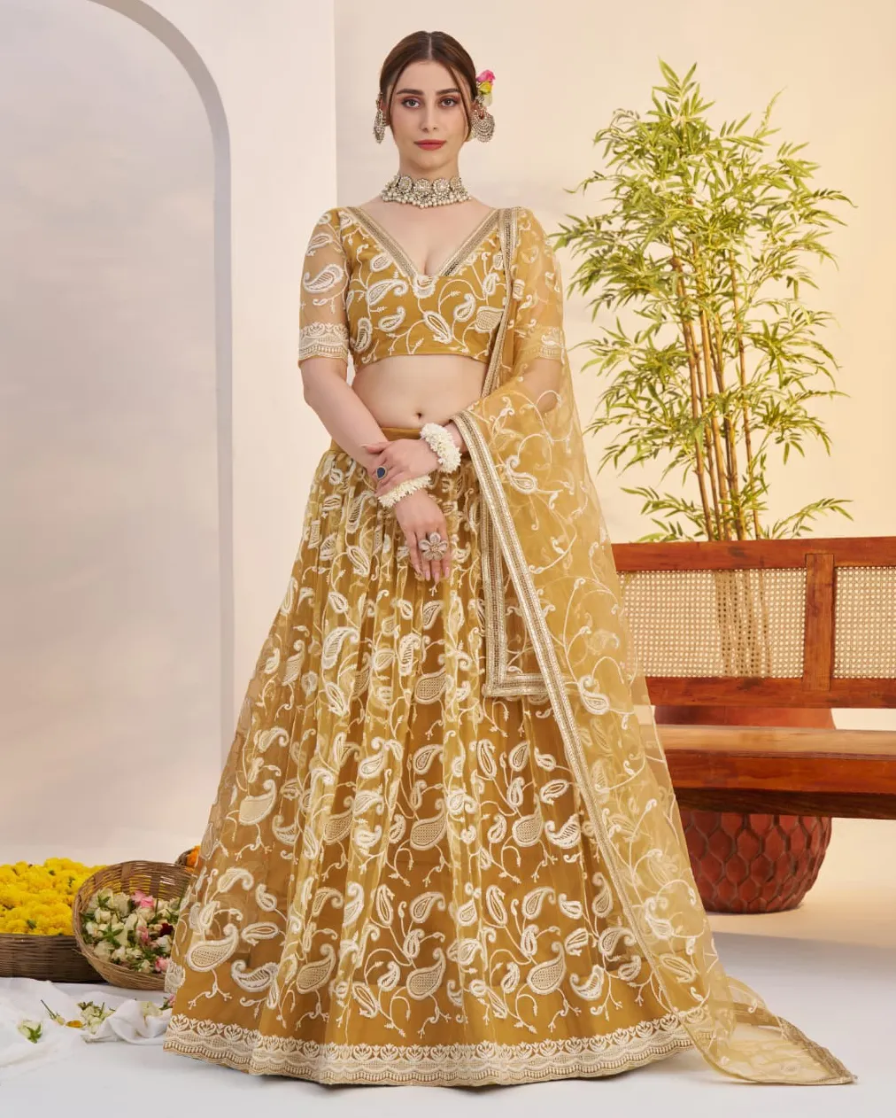 Mustard Yellow Butterfly Net Sequins Work Lehenga Choli