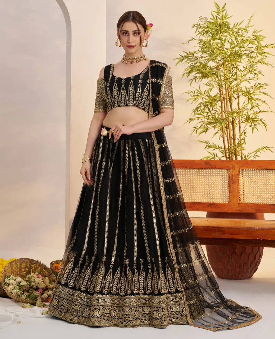 Black Butterfly Net Sequins Work Lehenga Choli