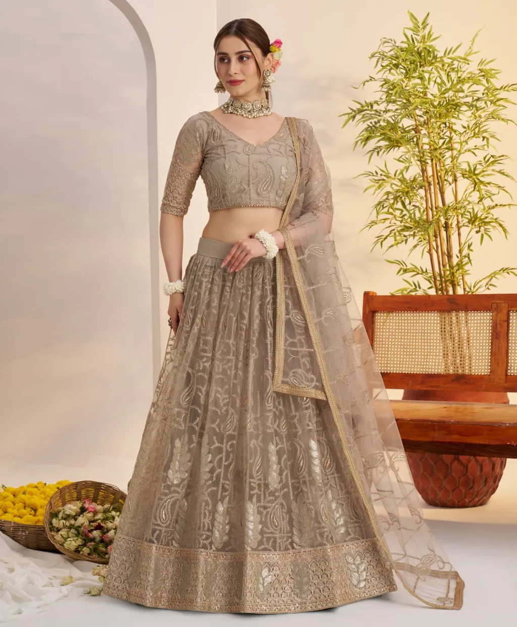 Beige Butterfly Net Sequins Work Lehenga Choli