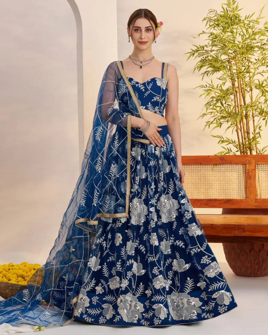 Blue Butterfly Net Sequins Work Lehenga Choli