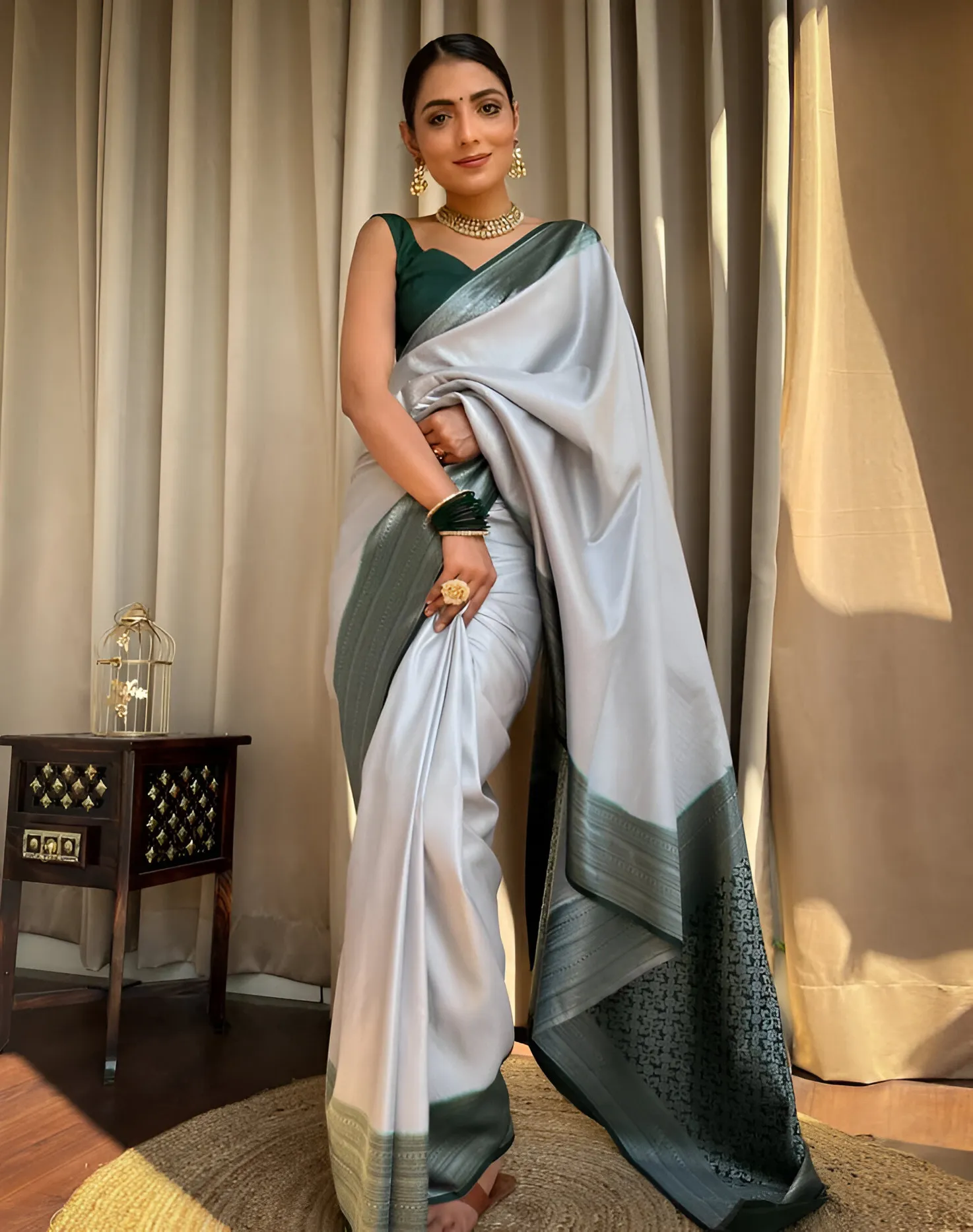 Grey Soft Lichi Silk Jacquard Work Rich Pallu Saree