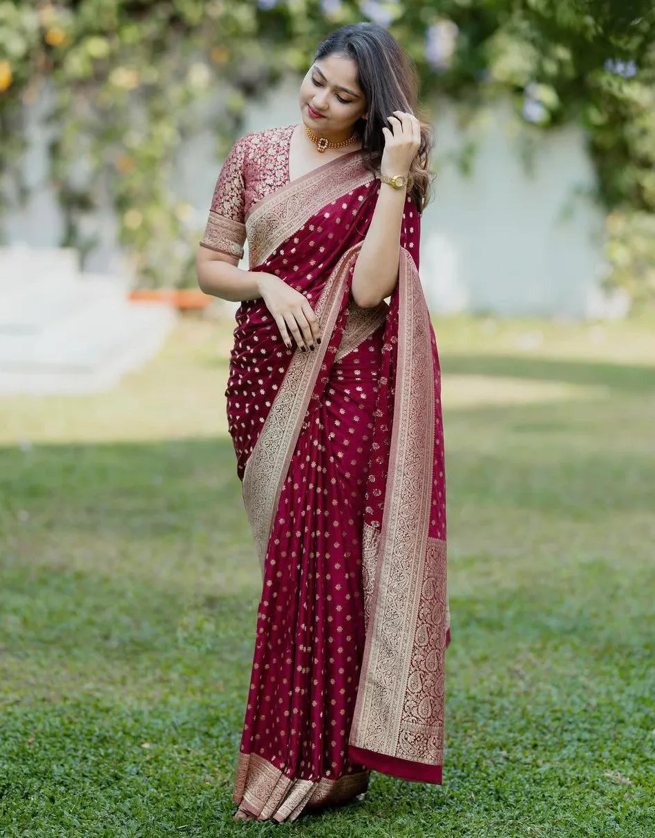 Maroon Lichi Silk Weaving Work Saree