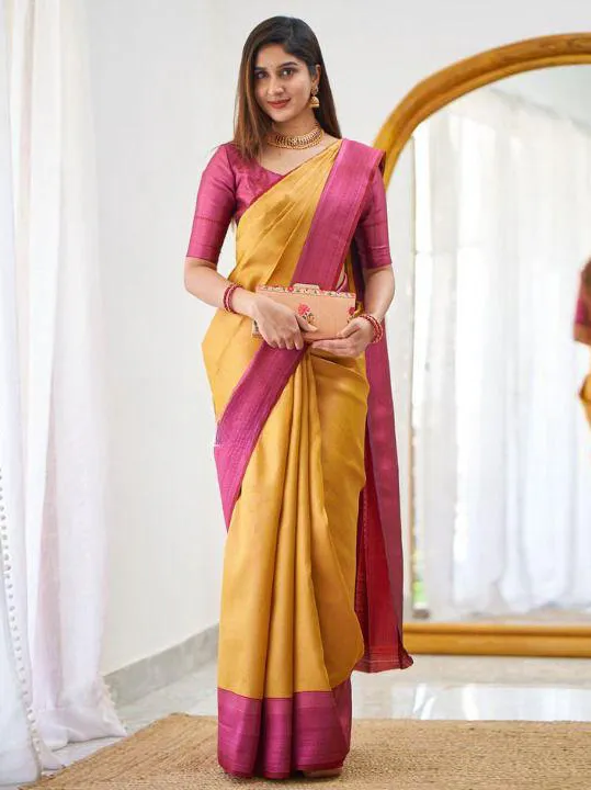 Mustard Soft Lichi Silk Weaving Work Saree