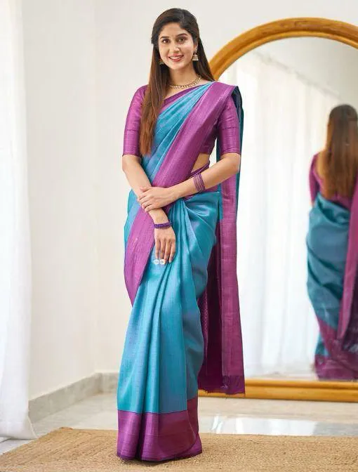 Sky Blue Soft Lichi Silk Weaving Work Saree