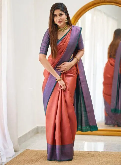 Peach Soft Lichi Silk Weaving Work Saree