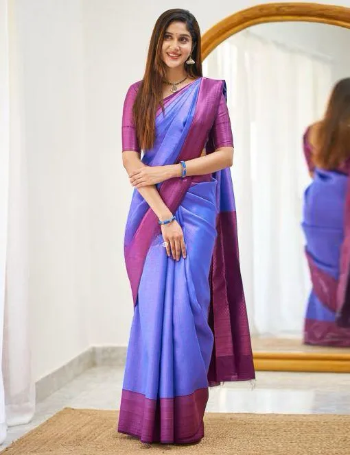 Royal Blue Soft Lichi Silk Weaving Work Saree
