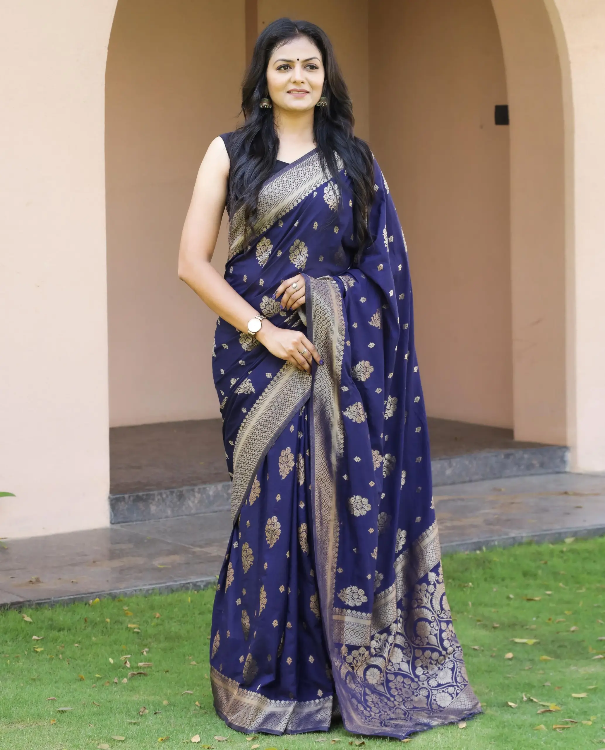 Navy Blue Soft Lichi Silk Weaving Work Saree