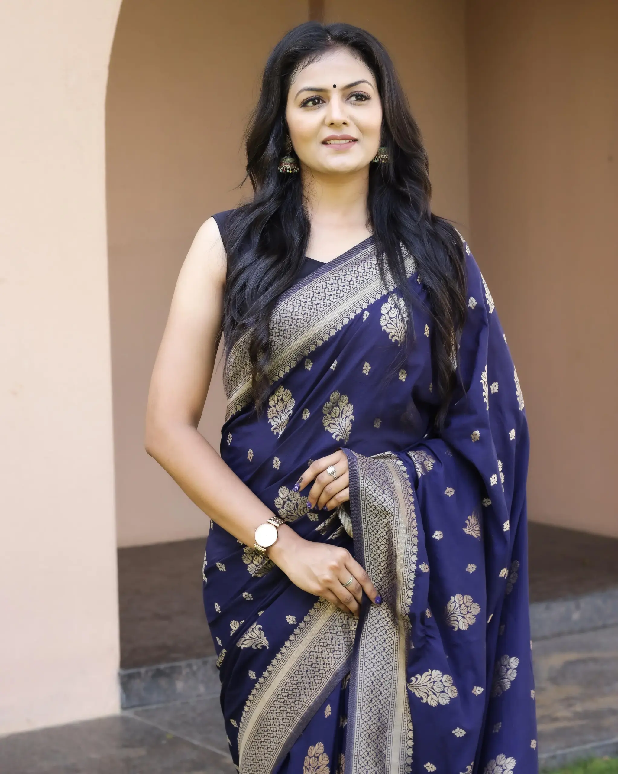 Navy Blue Soft Lichi Silk Weaving Work Saree - Image 2