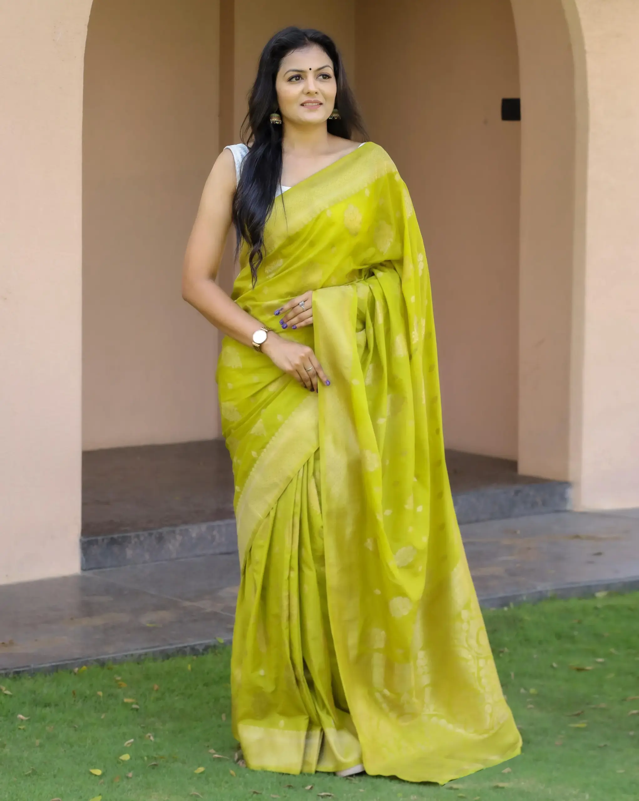 Olive Green Soft Lichi Silk Weaving Work Saree