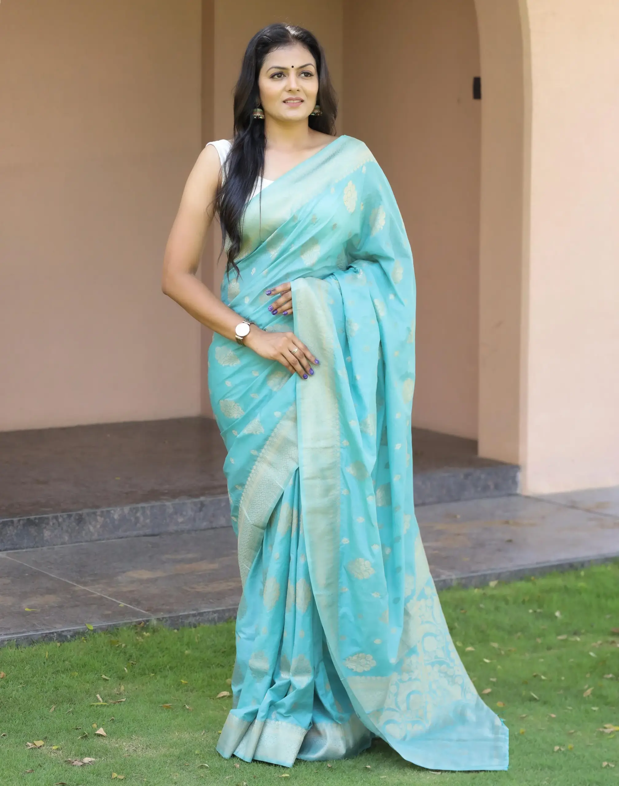 Sky Blue Soft Lichi Silk Weaving Work Saree