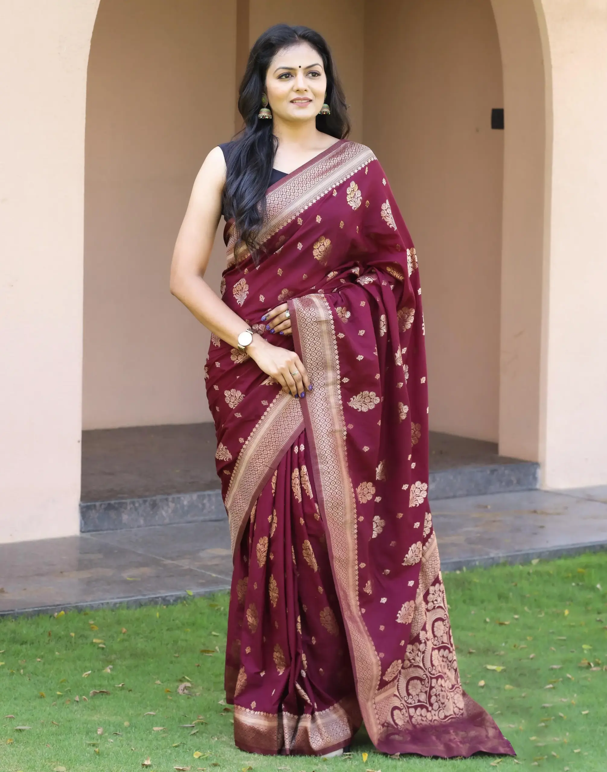 Wine Soft Lichi Silk Weaving Work Saree