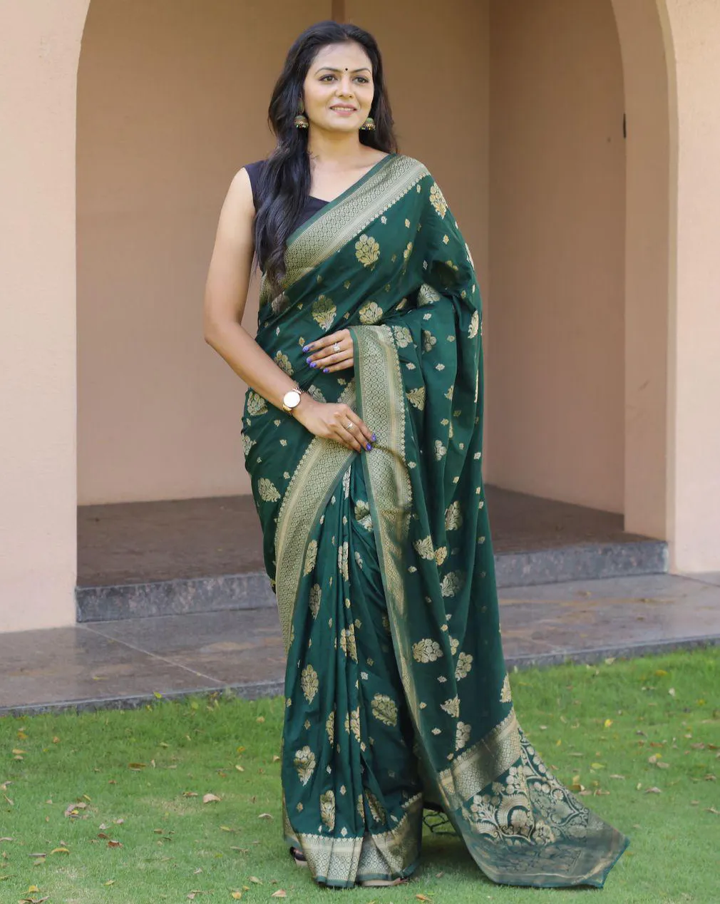 Bottle Green Soft Lichi Silk Weaving Work Saree