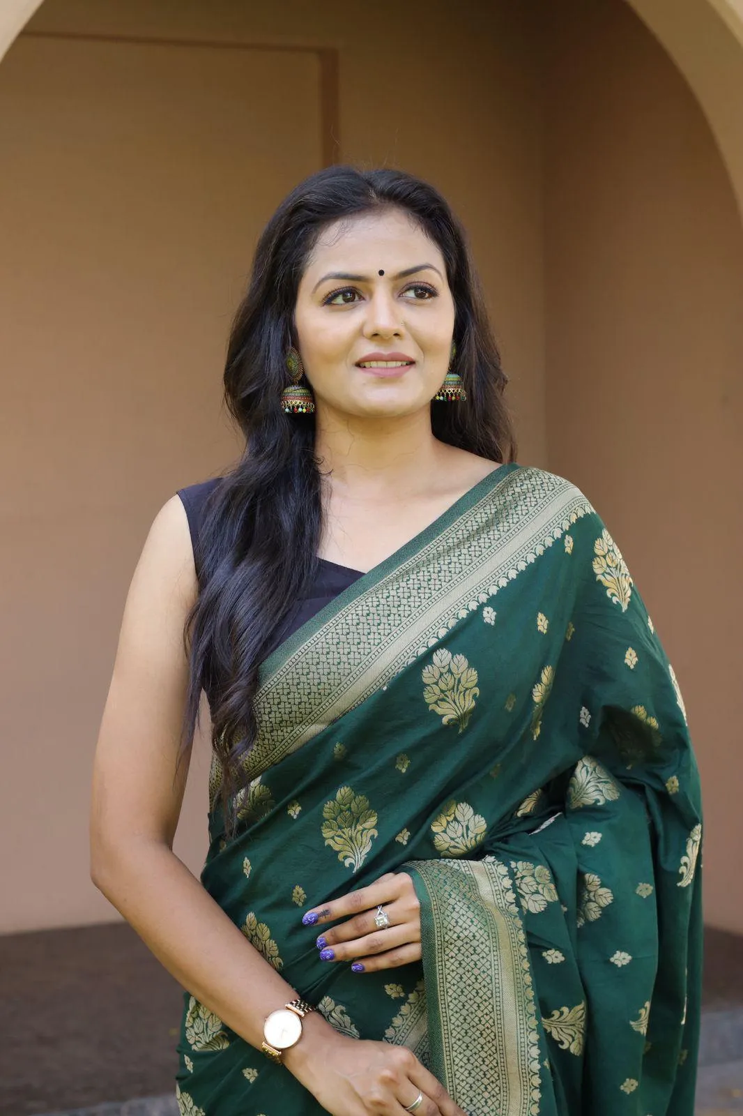 Bottle Green Soft Lichi Silk Weaving Work Saree - Image 2