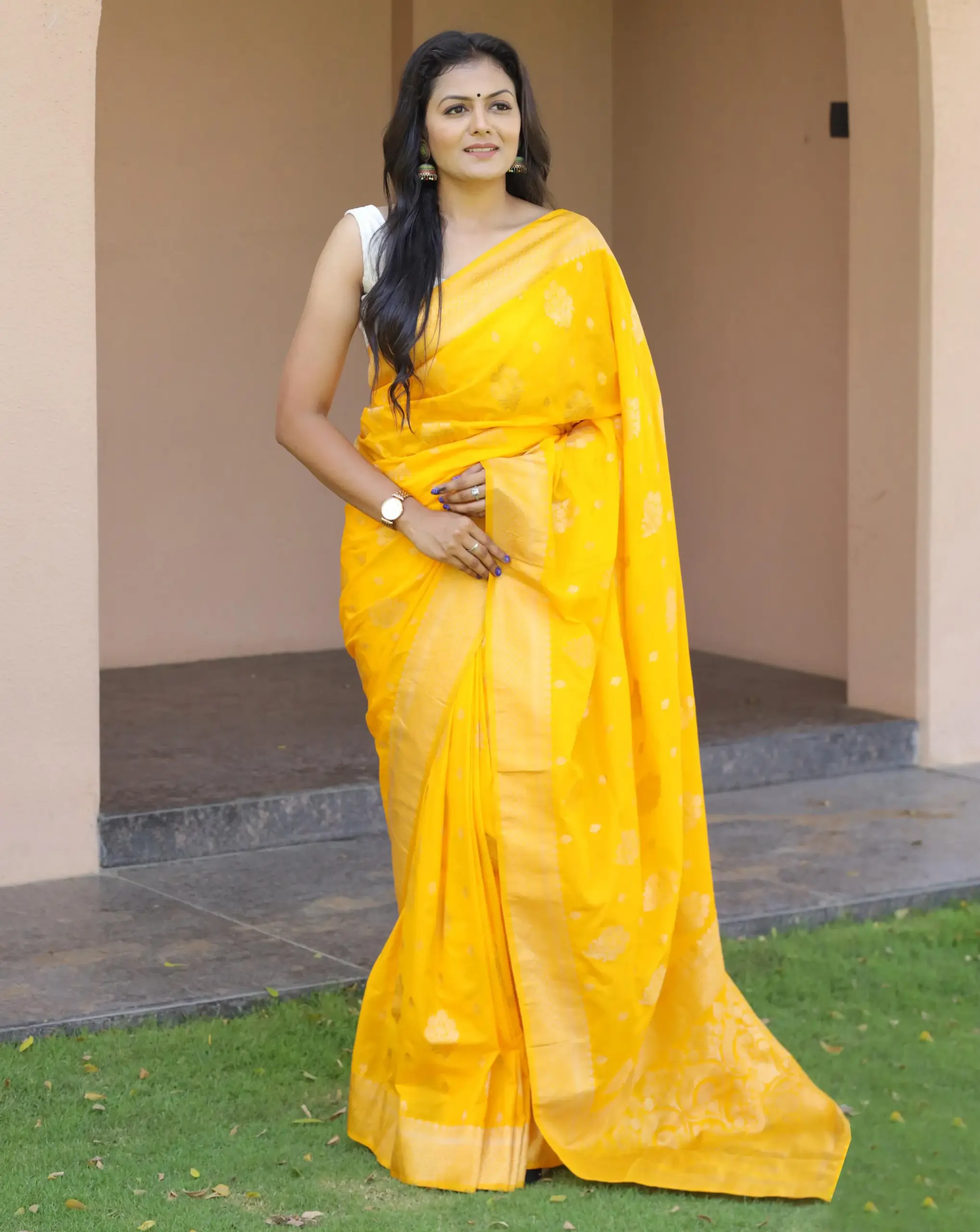 Yellow Soft Lichi Silk Weaving Work Saree