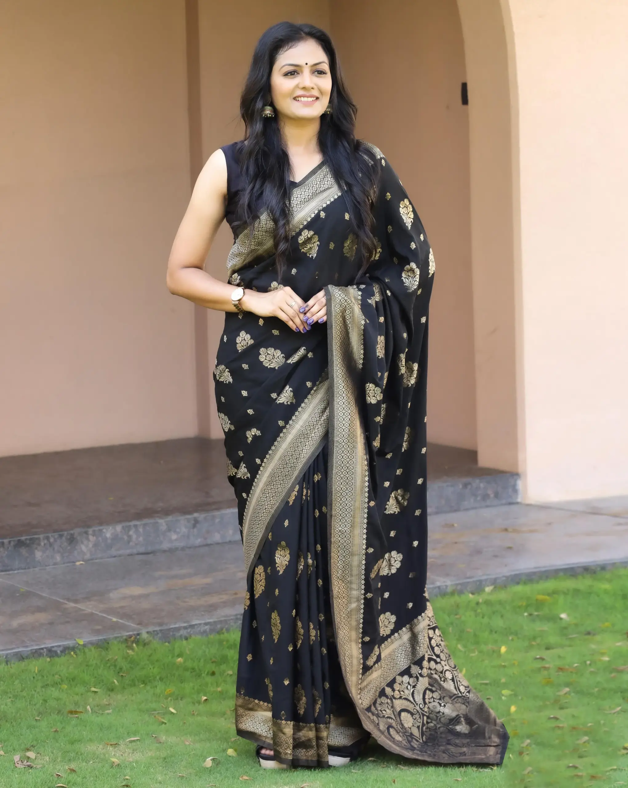 Black Soft Lichi Silk Weaving Work Saree